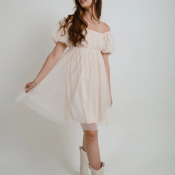 Elena Champagne Puff Sleeve Mini Dress - Picture 1 of 6